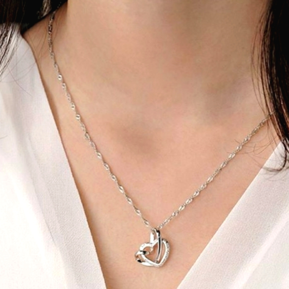 NEW 925 Sterling Silver Double Heart Pendant Necklace